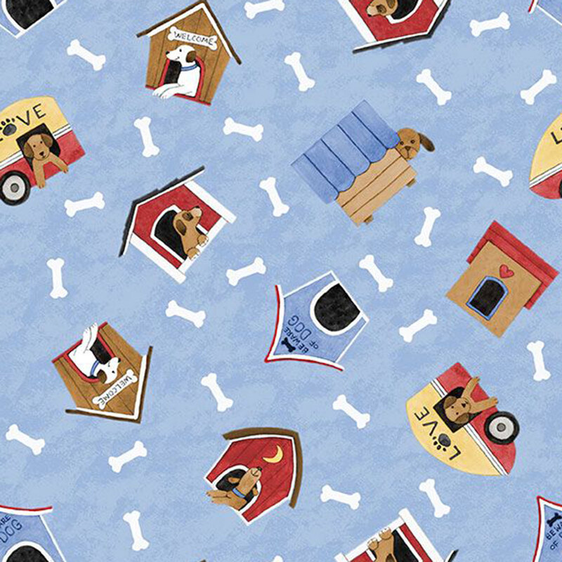 Mottled blue fabric with a tossed pattern of dog houses and bones.