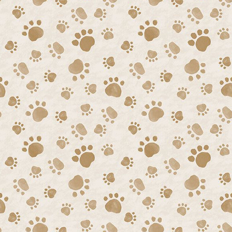 This mottled cream fabric features a tossed pattern of paw prints in tan.