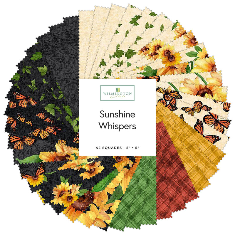 A collection of 42 fabric squares in various patterns, including sunflowers and butterflies.