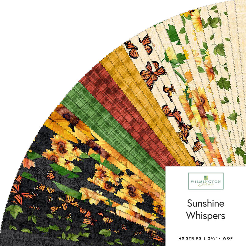 A fabric bundle featuring 40 strips in vibrant colors and floral patterns, labeled Sunshine Whispers.
