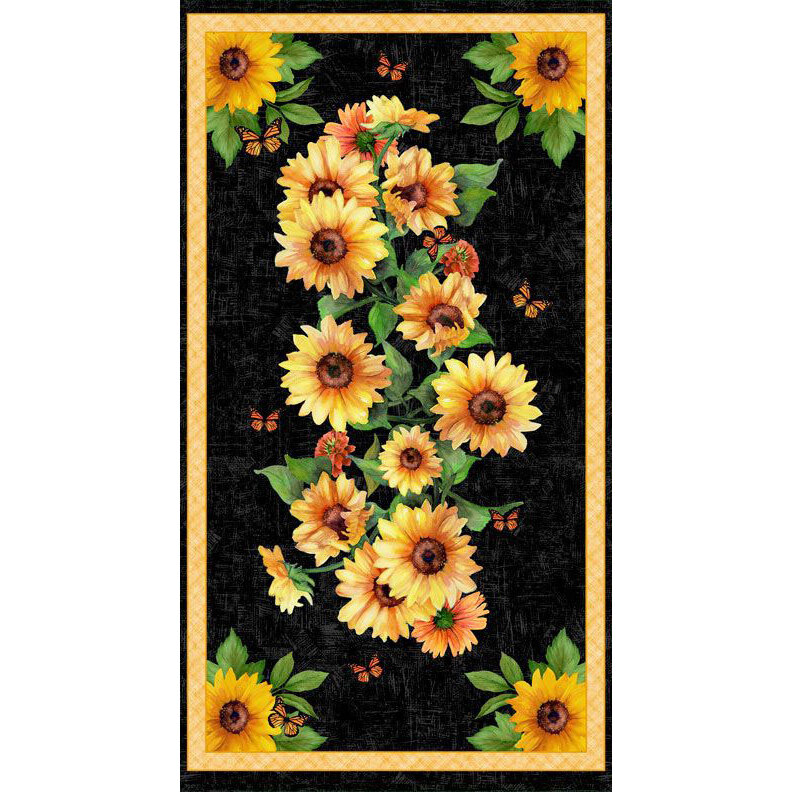 Mottled black fabric with a sunflower bouquet accented with monarch butterflies.