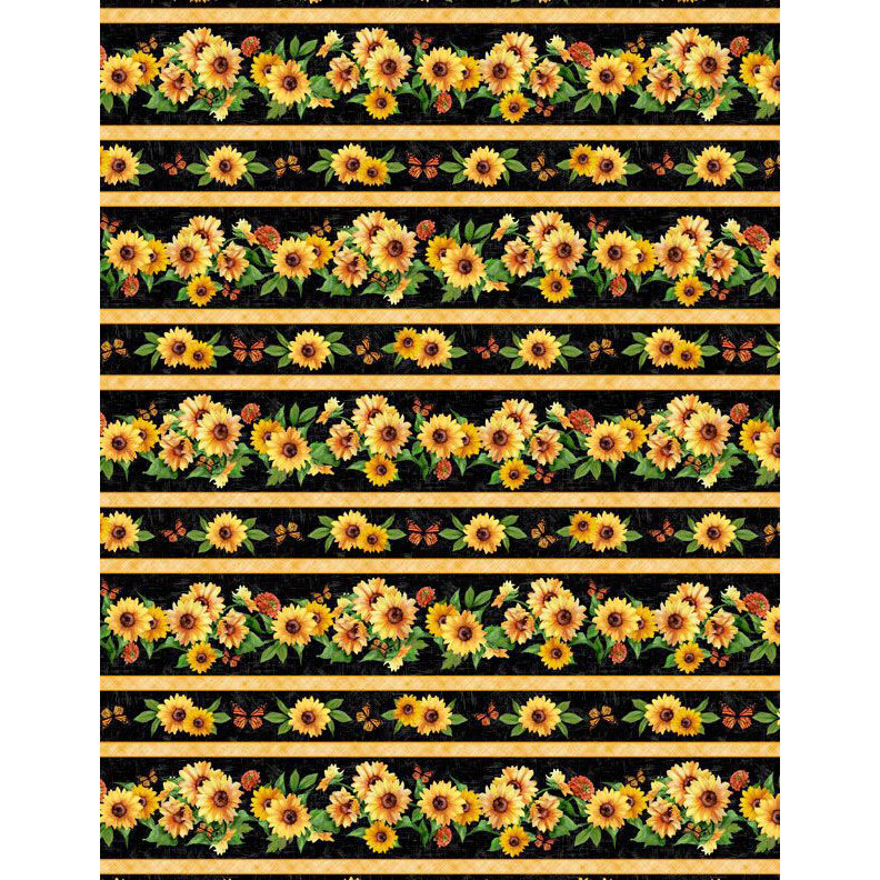 black border stripe fabric with sunflower stripes accented with monarch butterflies.