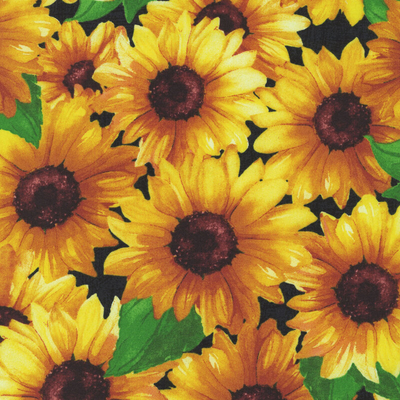 black fabric with a densely packed pattern of large sunflowers.