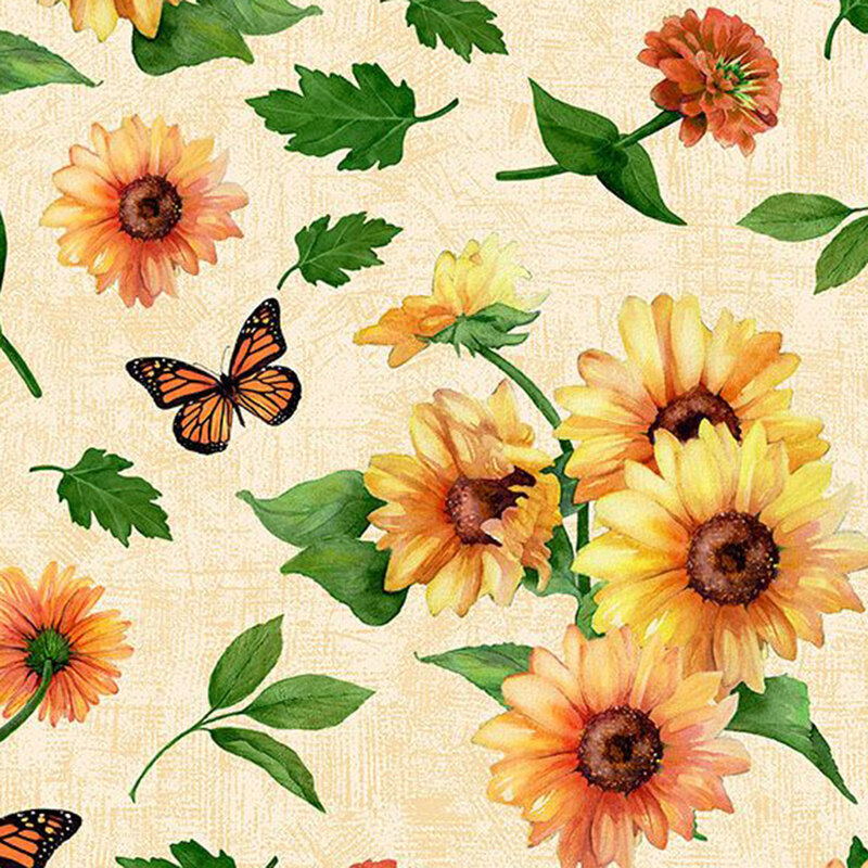 Mottled cream fabric with a tossed pattern of sunflowers and monarch butterflies.