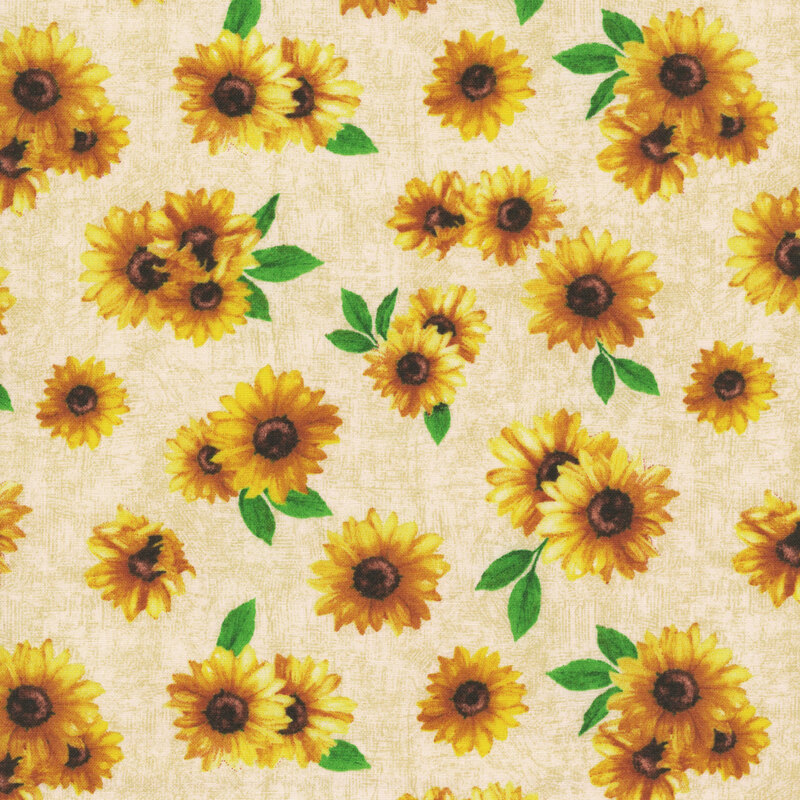 Mottled cream fabric with a tossed sunflower pattern.