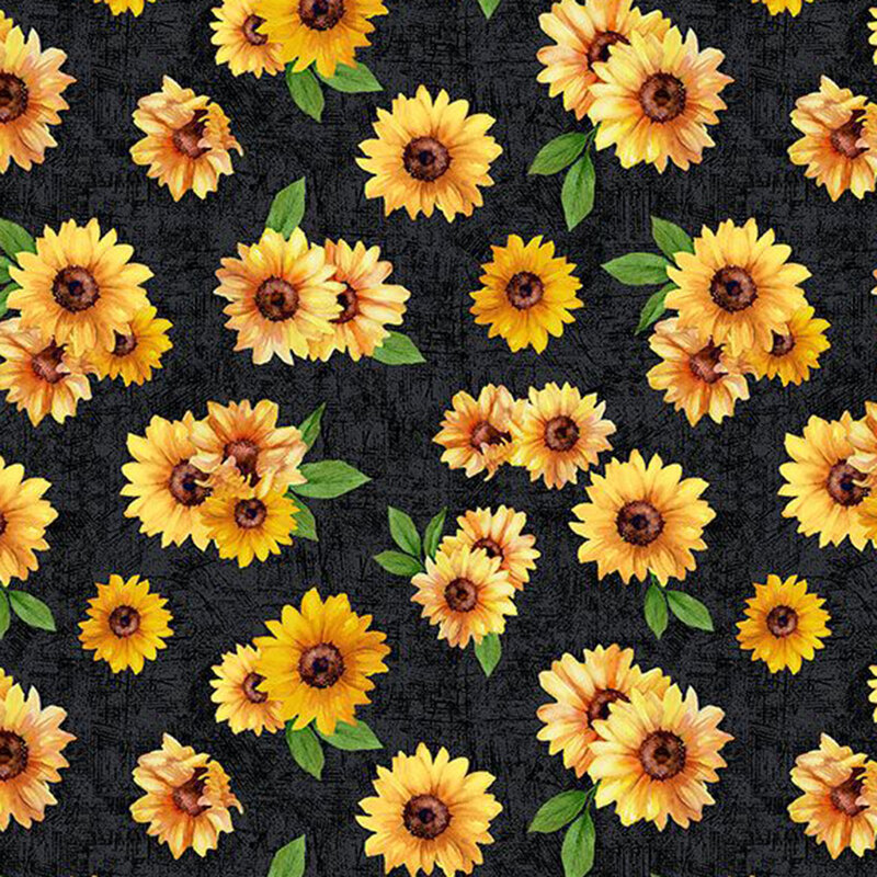 Mottled black fabric with a tossed sunflower pattern.