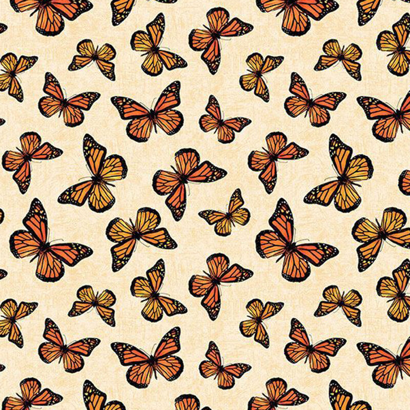 Mottled cream fabric with a tossed pattern of monarch butterflies.
