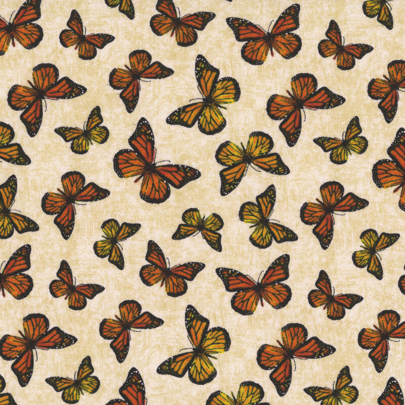 Mottled cream fabric with a tossed pattern of monarch butterflies.