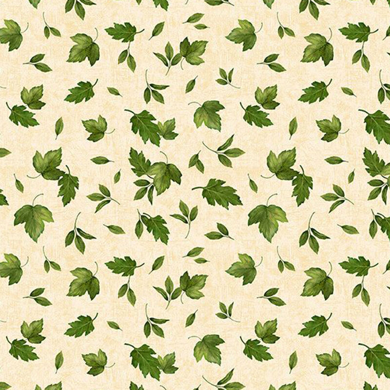 Cream fabric with a tossed assortment of green summer leaves on a mottled background. 