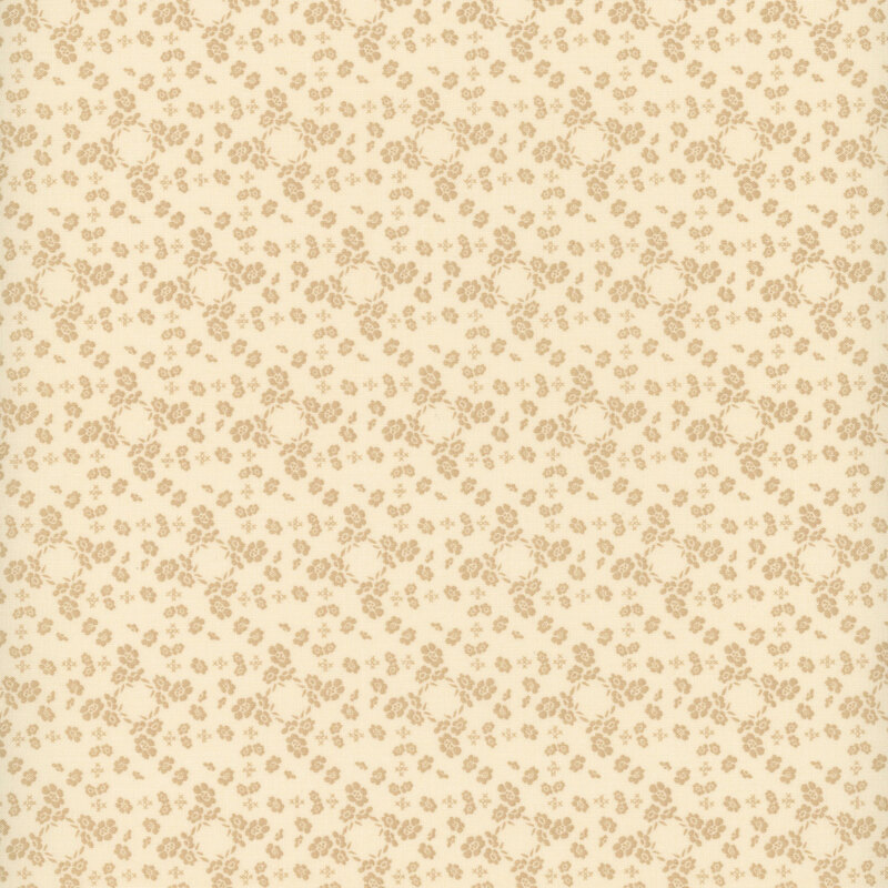 A cream fabric with tiny flowers forming wreaths and delicate designs. 