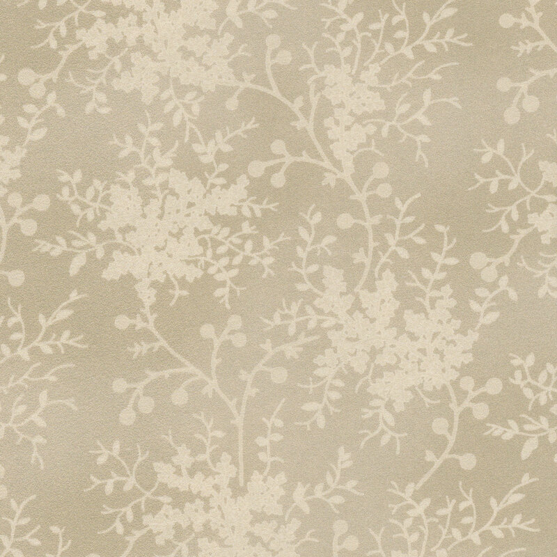Taupe fabric with scattered silhouettes of leaves and berries.