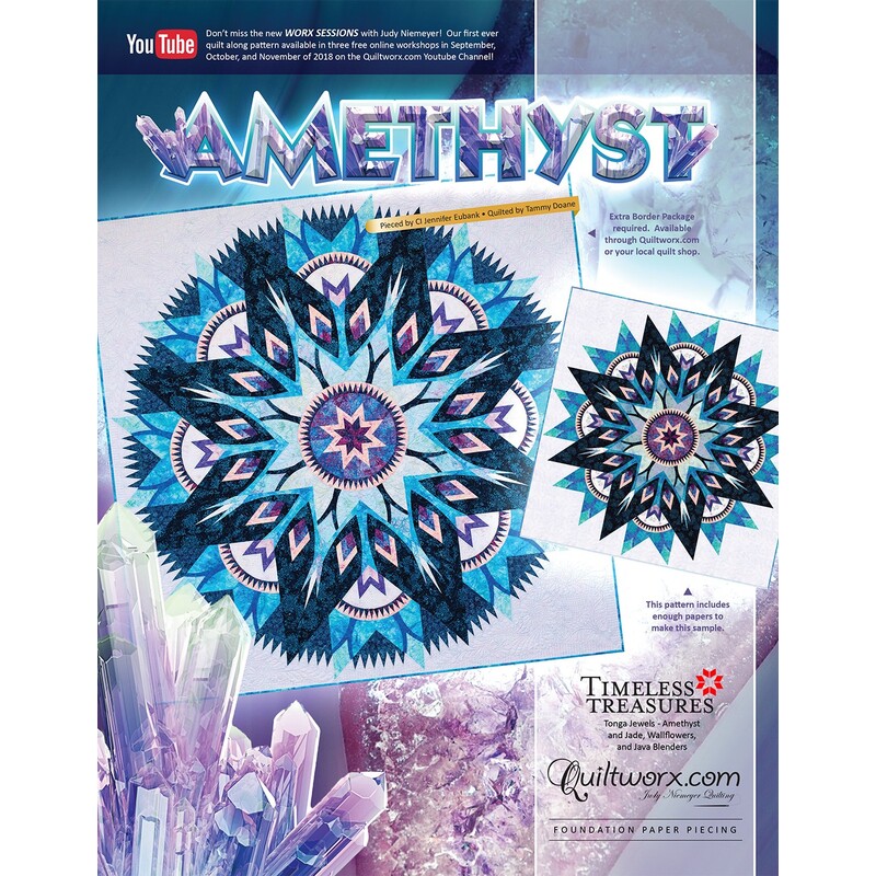 Colorful quilt pattern titled Amethyst, featuring a star design with blues and purples, alongside marketing details.
