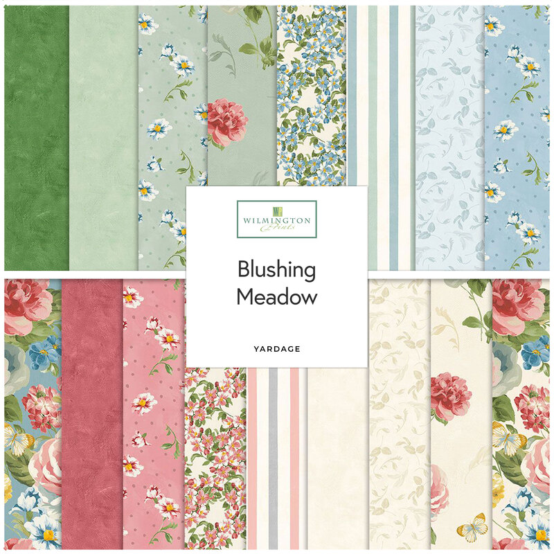 Collage of fabrics in the collection in green, blue, pink, and cream with vintage florals and coordinating patterns