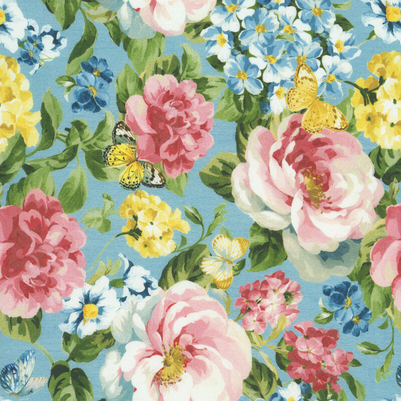 Cadet blue fabric with a dense pattern of blue and yellow hydrangeas, pink roses, and butterflies