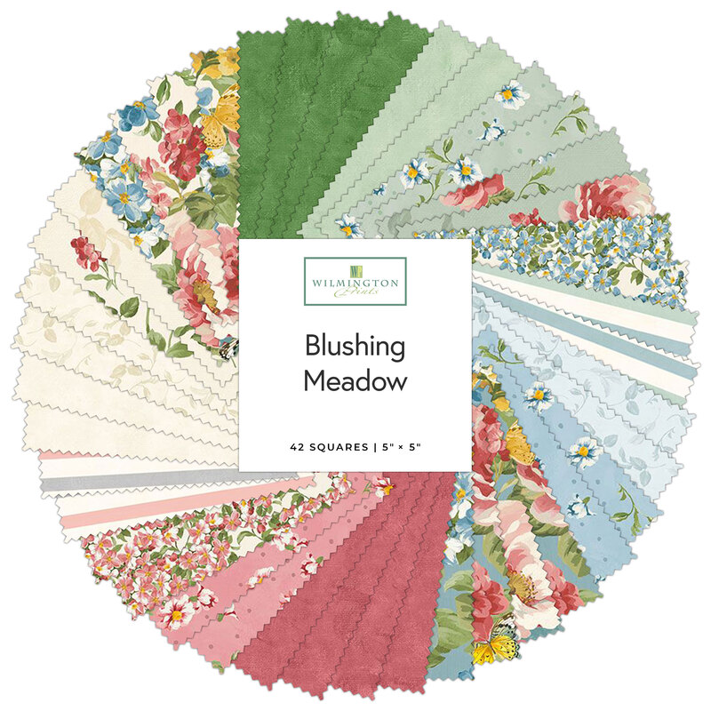Circular collage of fabrics in the collection in green, blue, pink, and cream with vintage florals and coordinating patterns