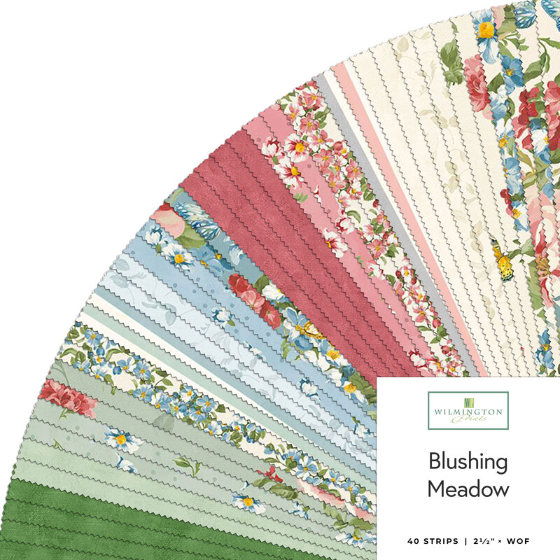 Fanned out collage of fabrics in the collection in green, blue, pink, and cream with vintage florals and coordinating patterns