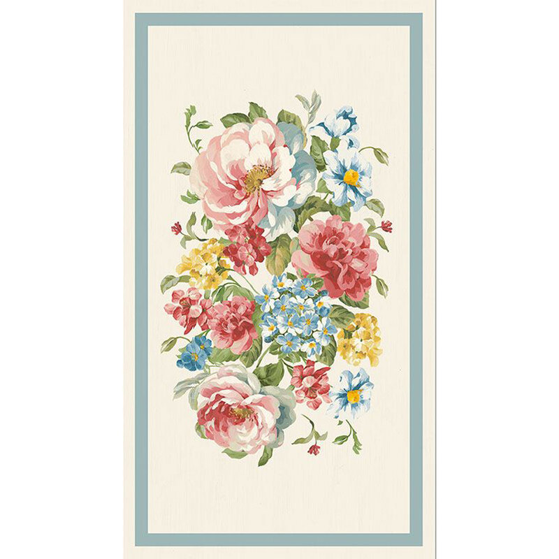 A cream panel featuring a bouquet of pink roses, blue and yellow hydrangeas, and blue daisies painted in broad brushstrokes, with a cadet blue border surrounding