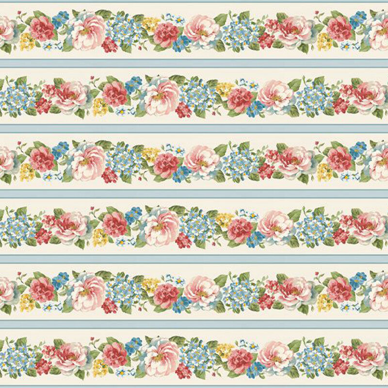 A cream and cadet blue border stripe fabric featuring pink roses, blue and yellow hydrangeas, and green leaves