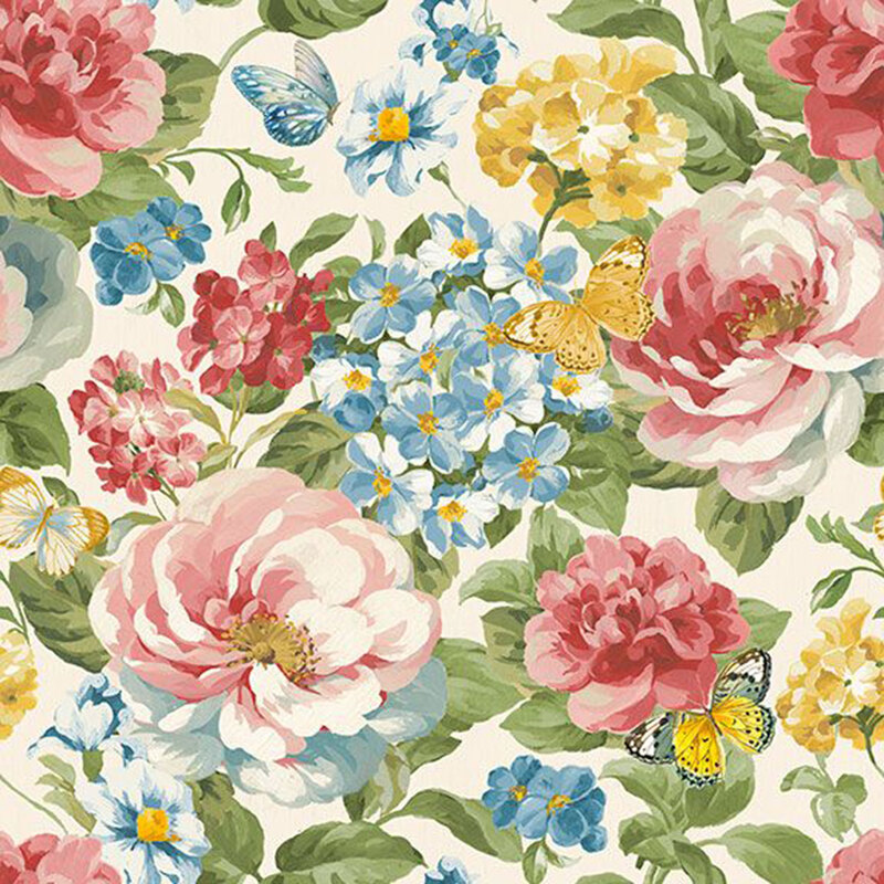 Cream fabric with a dense pattern of blue and yellow hydrangeas, pink roses, and butterflies