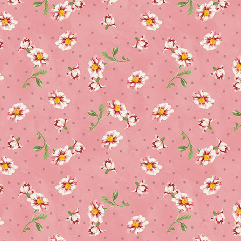 Subtly mottled blush pink fabric featuring mauve polka dots and tossed white and pink flowers