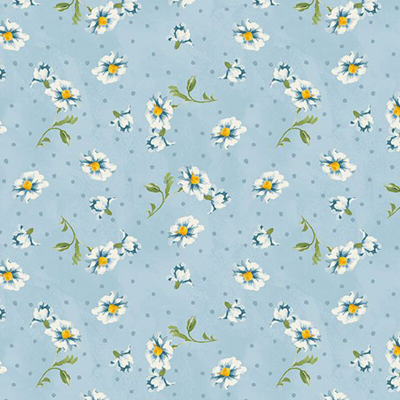 Subtly mottled baby blue fabric featuring cadet blue polka dots and tossed white and blue flowers