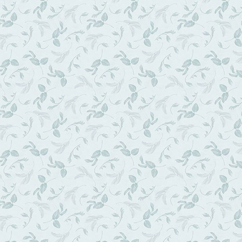 Baby blue fabric with a tonal pattern of blue leaves and stems