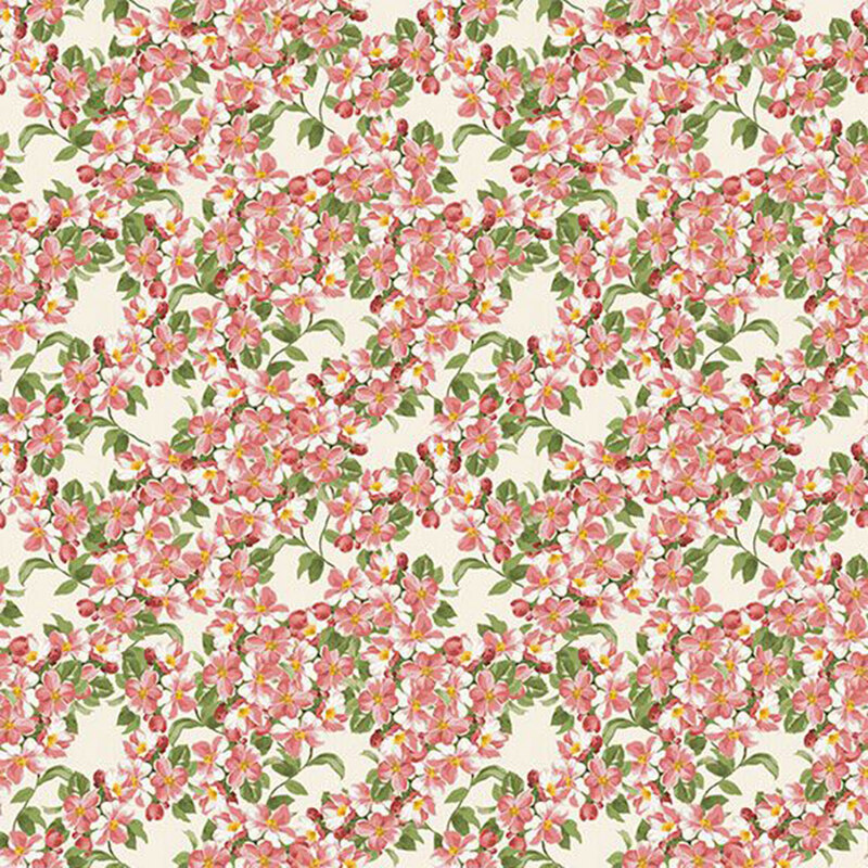 Cream fabric with a dense pink floral pattern