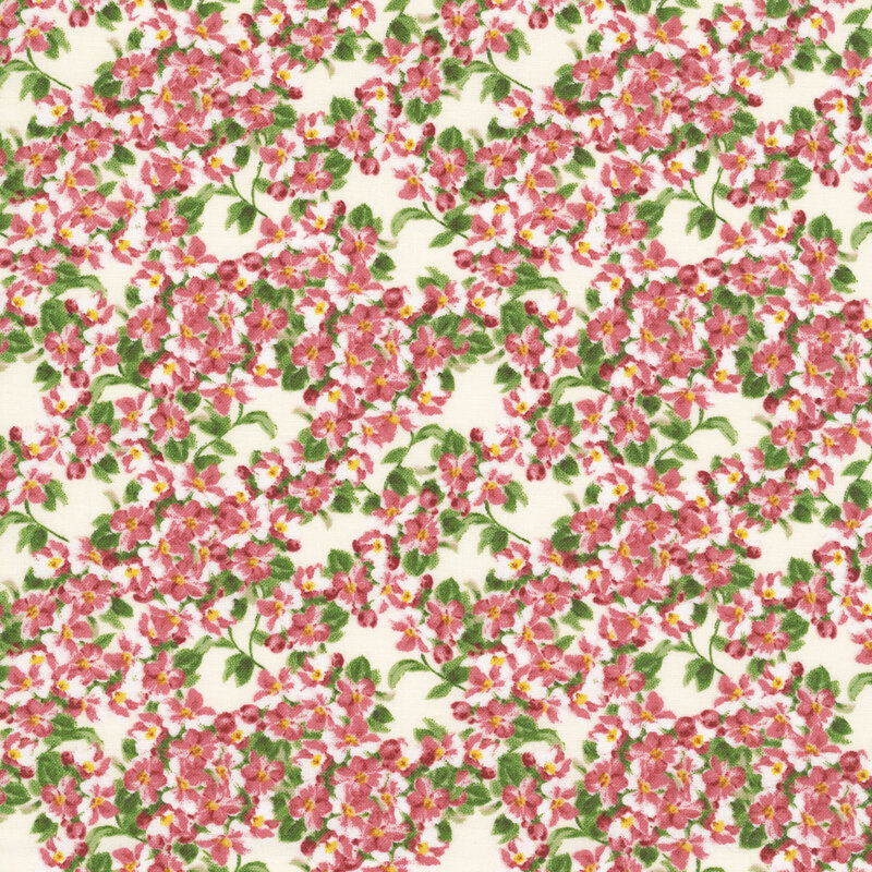 Cream fabric with a dense pink floral pattern