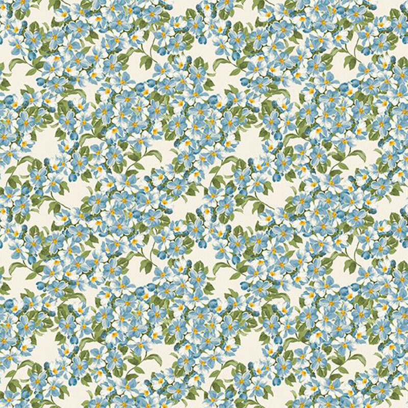Cream fabric with a dense blue floral pattern