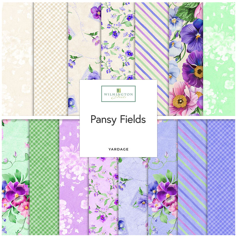 Collage of fabric swatches featuring floral and patterned designs in pastel colors titled Pansy Fields.
