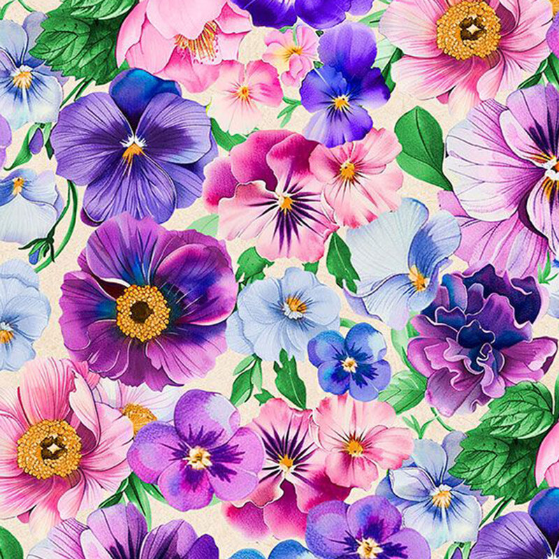 108" wide fabric with a dense, allover pattern of large pansy florals and leaves.