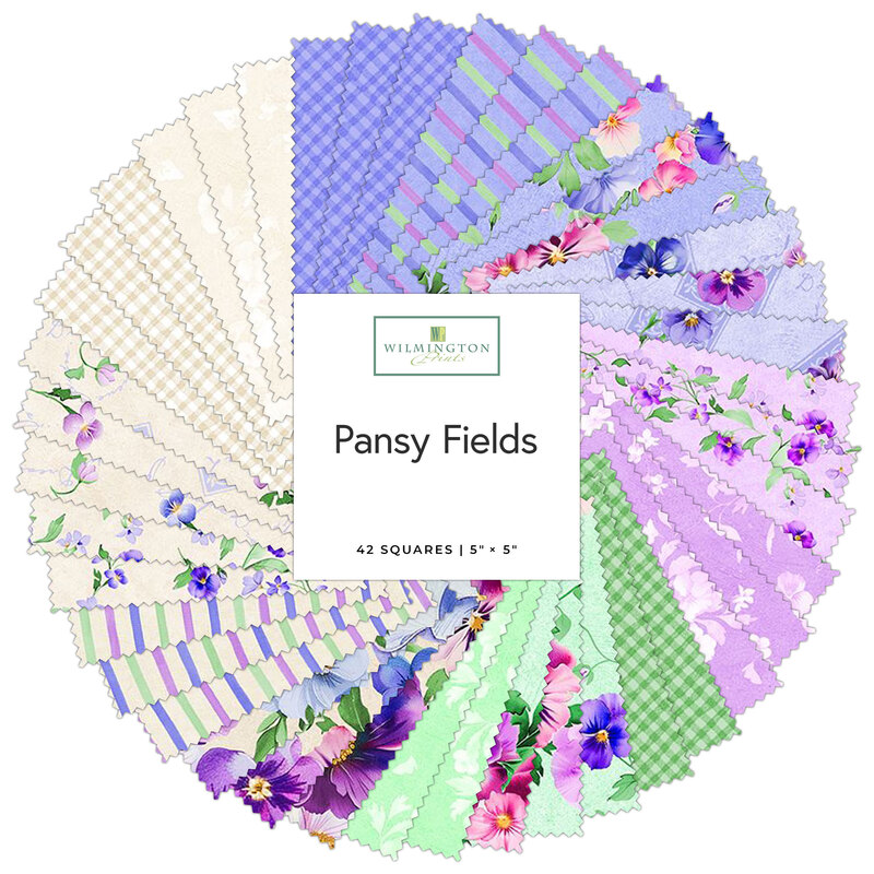 A circular assortment of patterned fabric squares in pastel colors with floral designs, labeled Pansy Fields.