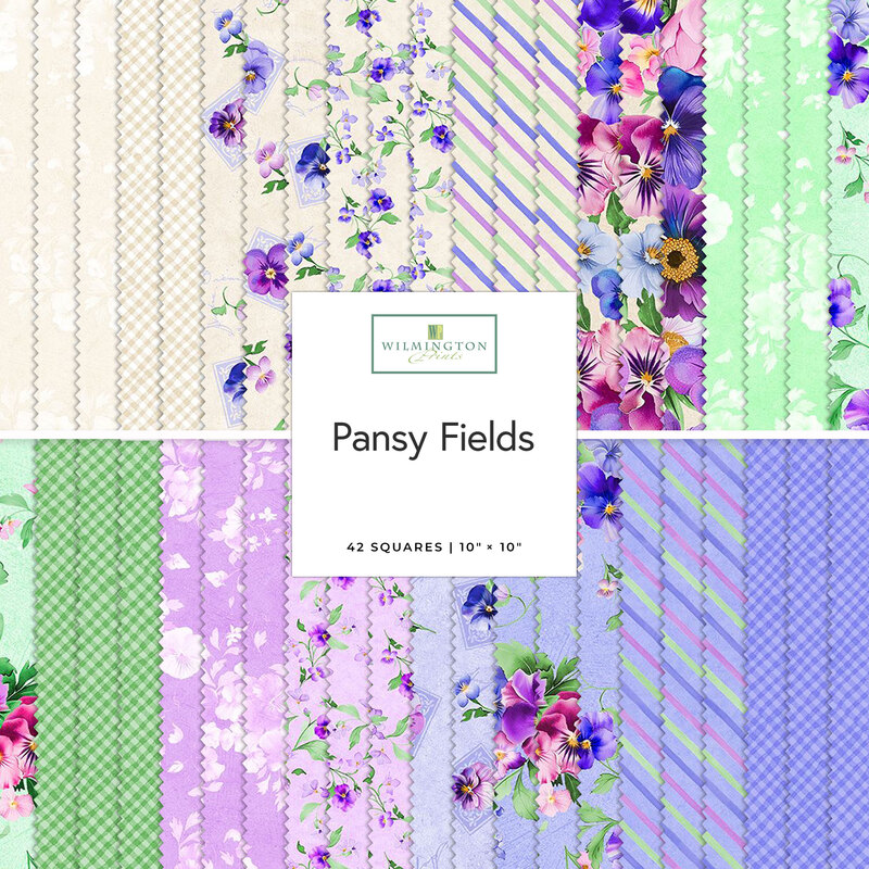 A collection of 42 fabric swatches in floral and patterned designs titled Pansy Fields.