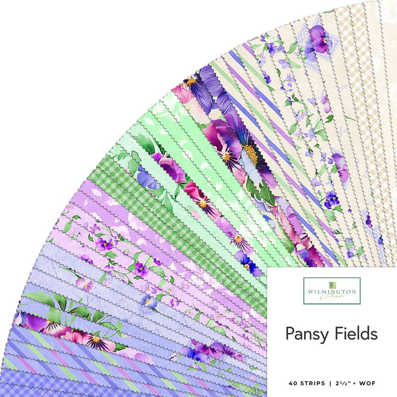 A fan of fabric strips in pastel colors and floral patterns, labeled Pansy Fields, by Wilmington.