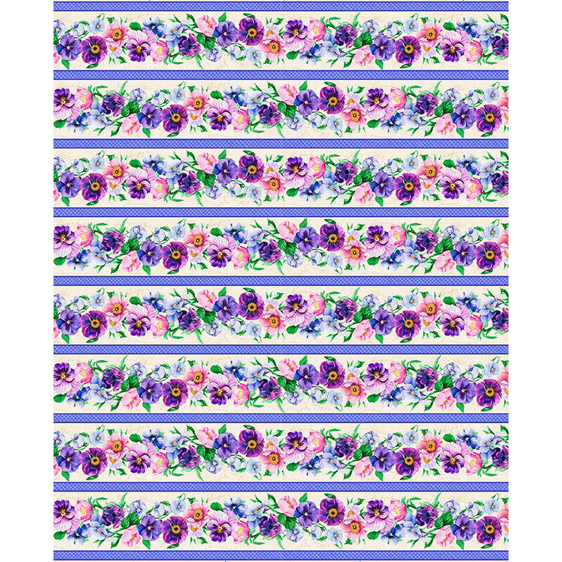Mottled cream border print with striped bands of pansy florals and a purple gingham pattern.