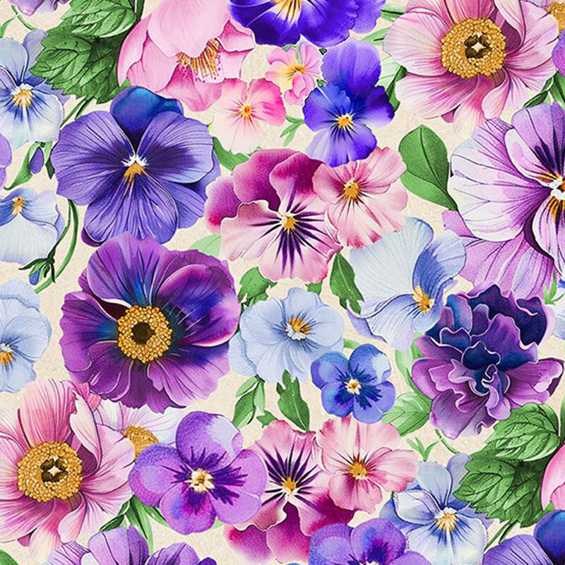 Cream fabric with a pattern of large, densely packed pansy flowers.