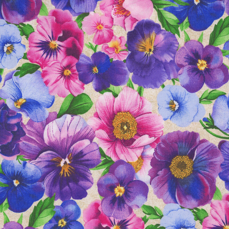 Cream fabric with a pattern of large, densely packed pansy flowers.