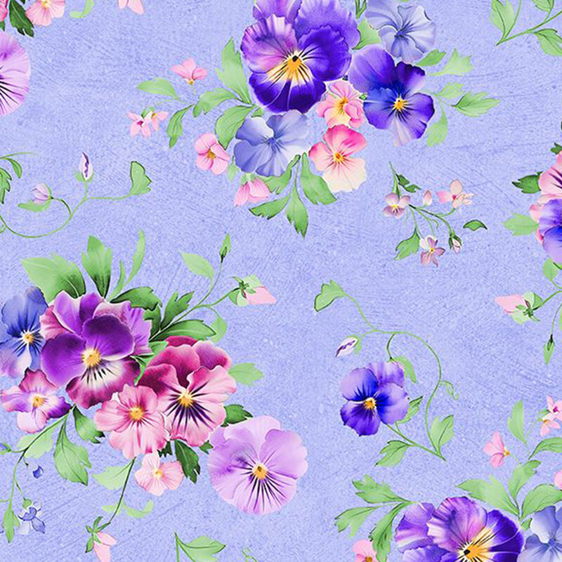 Violet fabric with a pattern of large, shabby and pretty florals and leaves.