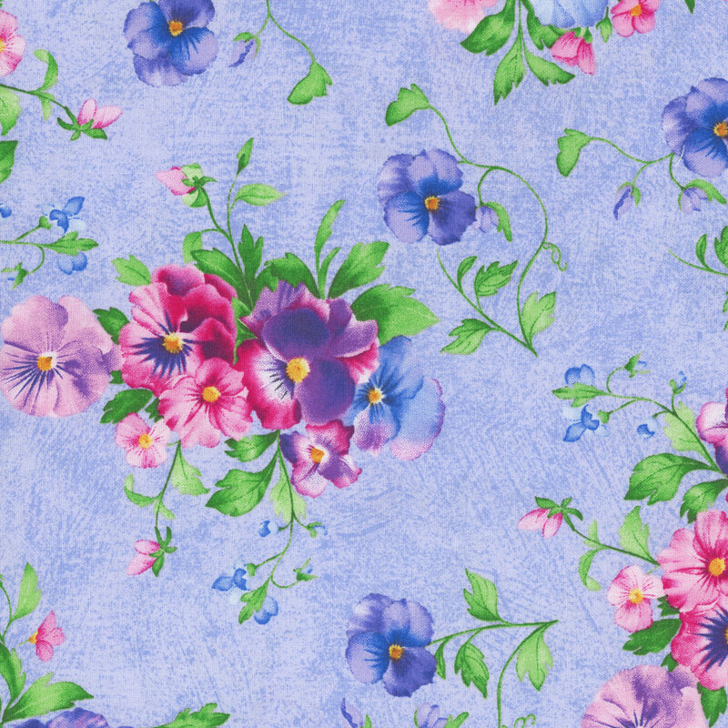 Textured violet fabric with a pattern of large, shabby and pretty florals and leaves.