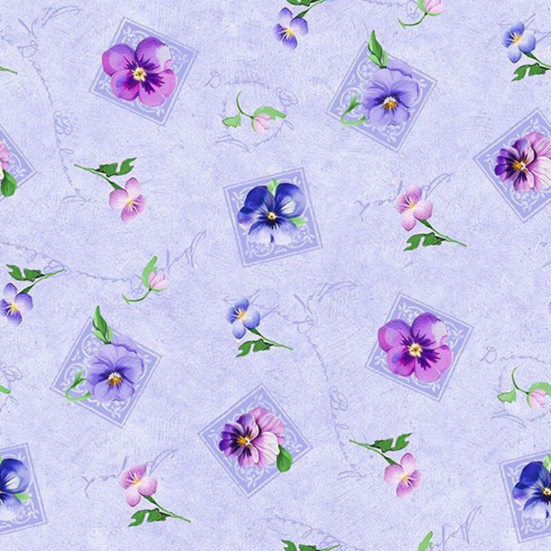 Mottled iris blue fabric features an all-over pattern of florals and stamp motifs with subtle cursive text in the background.