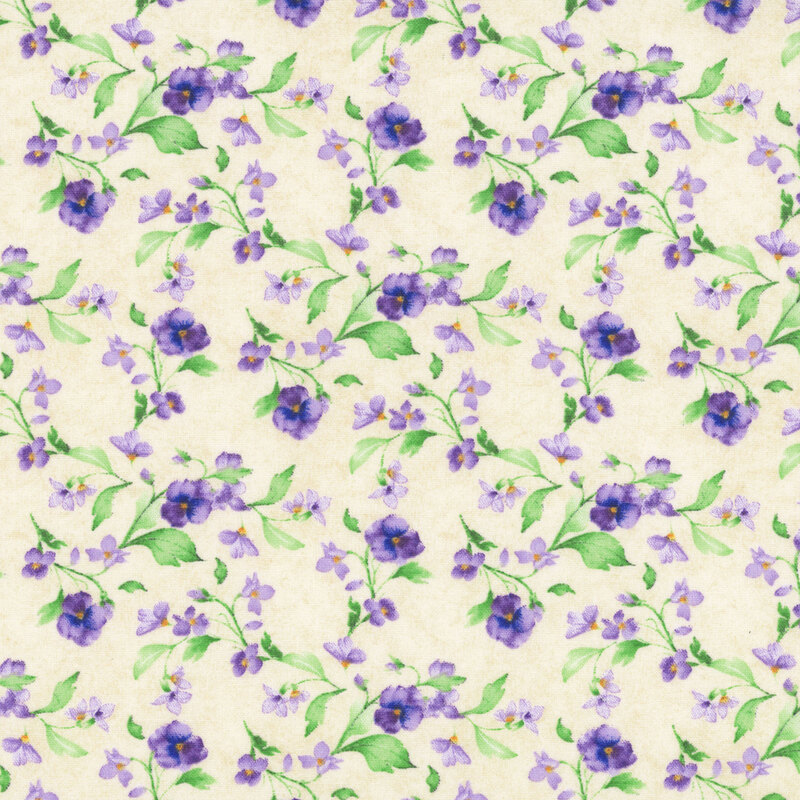 Cream fabric with a dense, all-over pattern of small purple florals and leaves.