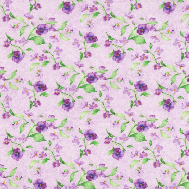 lilac purple fabric with a dense, all-over pattern of small florals and leaves.