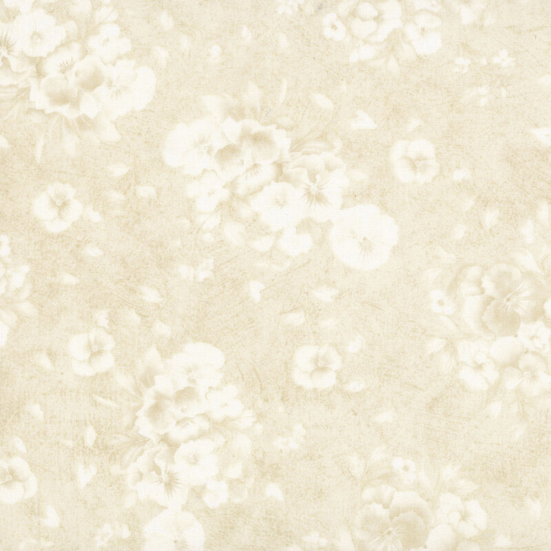 Mottled cream fabric with a subtle pattern of florals and leaves.