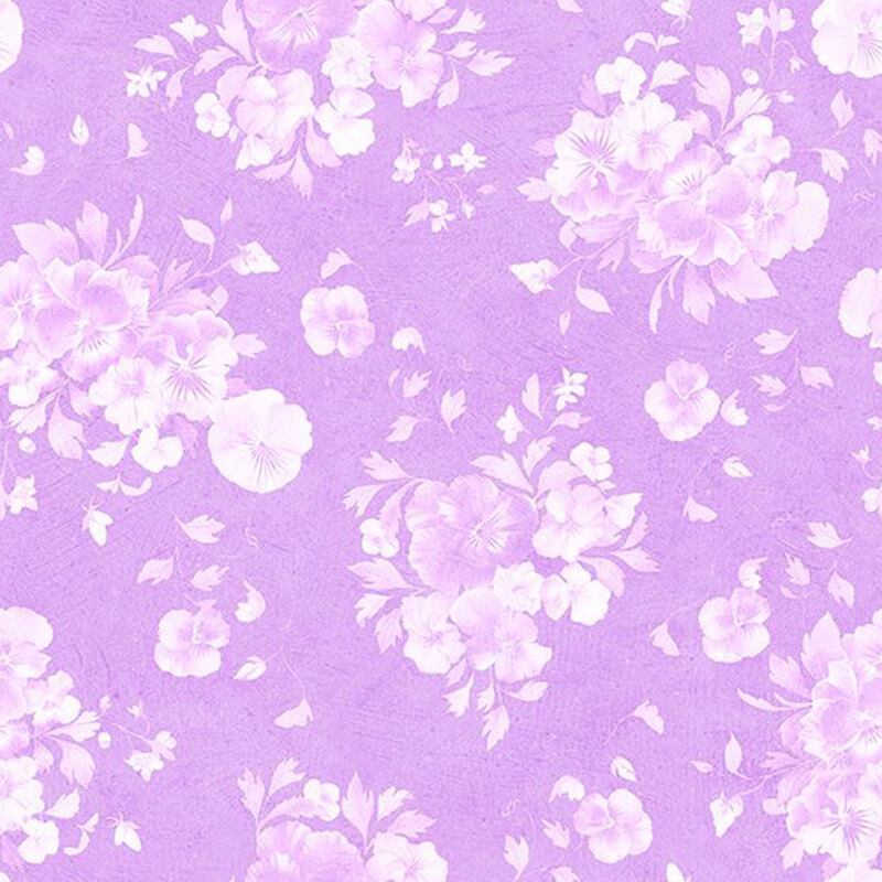 Bright purple fabric with a subtle pattern of florals and leaves.