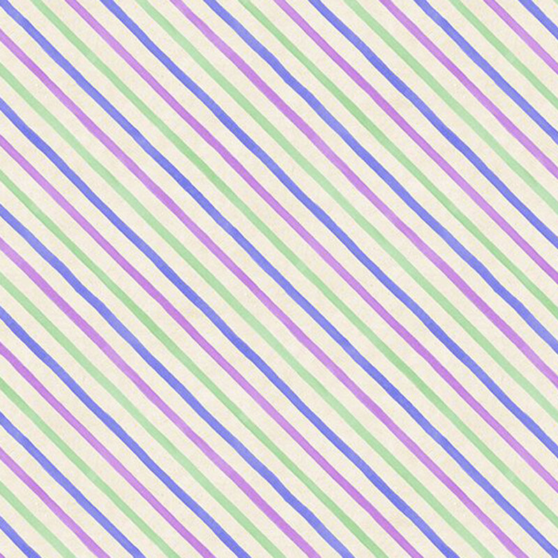 Cream fabric with irregular stripes with blended green and purple variations.