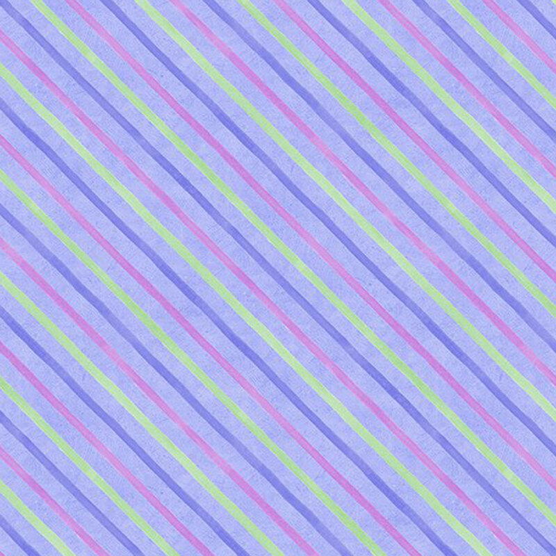 Violet fabric with irregular stripes with blended green and purple variations.