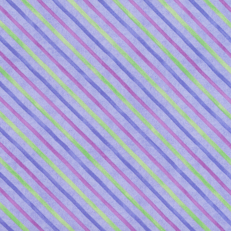 Violet fabric with diagonal stripes with blended green and purple variations.