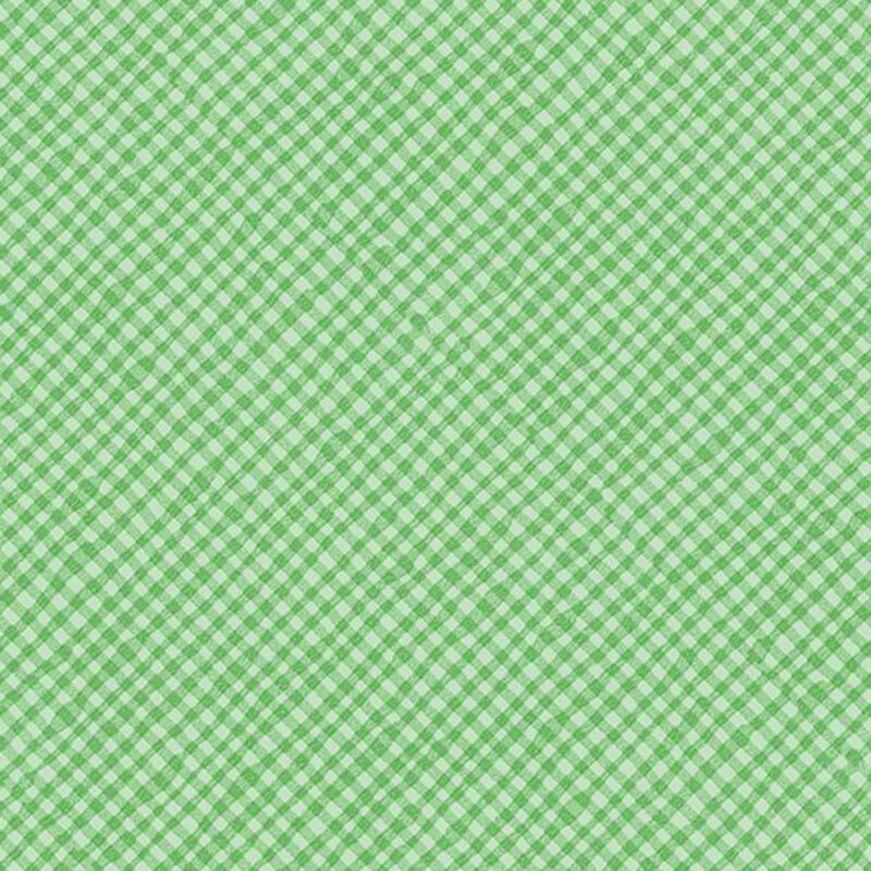 Green fabric with an irregular tonal gingham pattern with subtle variations in scale and texture.