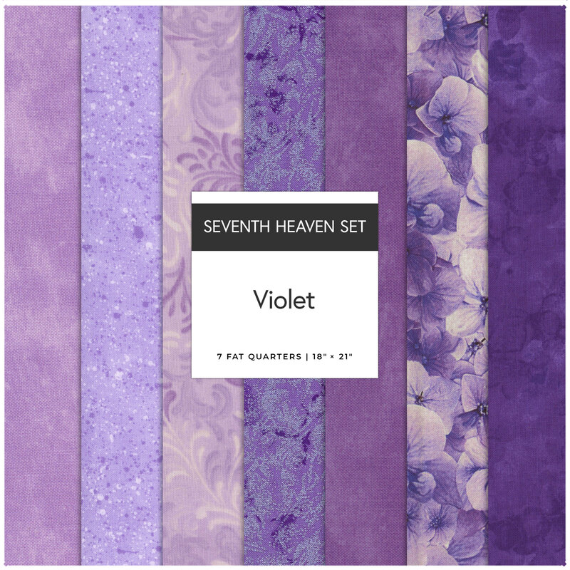 A collage of 7 lilac and purple fat quarters