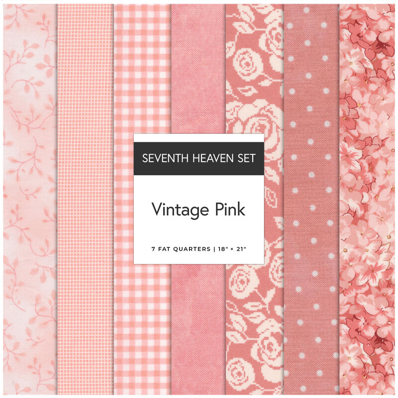 A Fat Quarter collage featuring light and medium pink fabrics from the Seventh Heaven collection. 